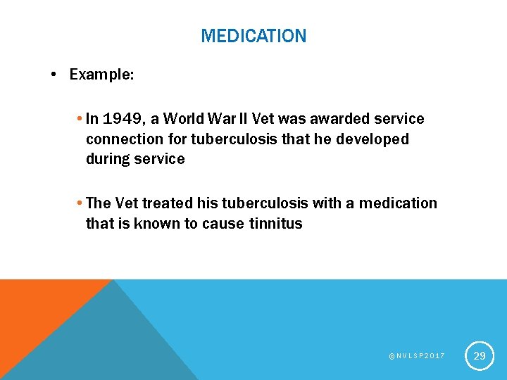 MEDICATION • Example: • In 1949, a World War II Vet was awarded service
