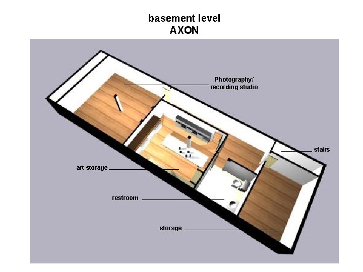 basement level AXON Photography/ recording studio stairs art storage restroom storage 