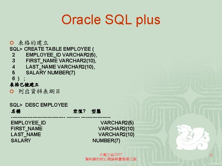 Oracle SQL plus ¡ 表格的建立 SQL> CREATE TABLE EMPLOYEE ( 2 EMPLOYEE_ID VARCHAR 2(5),