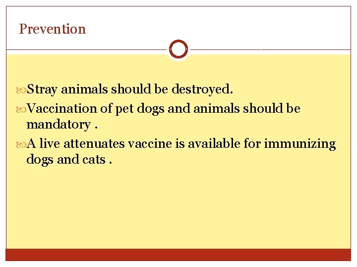 Prevention Stray animals should be destroyed. Vaccination of pet dogs and animals should be
