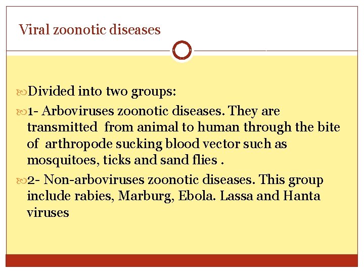 Viral zoonotic diseases Divided into two groups: 1 - Arboviruses zoonotic diseases. They are