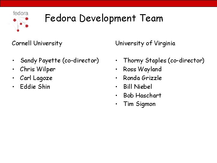 Fedora Development Team Cornell University of Virginia • • • Sandy Payette (co-director) Chris