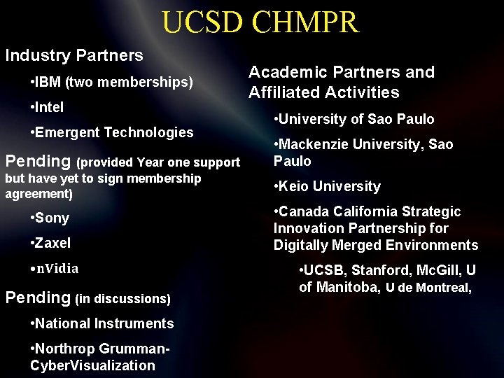 UCSD CHMPR Industry Partners • IBM (two memberships) • Intel • Emergent Technologies Pending