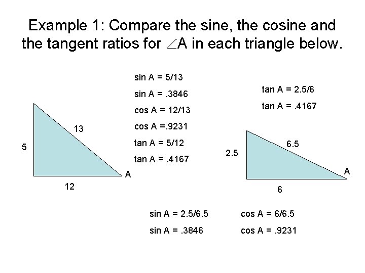 Example 1: Compare the sine, the cosine and the tangent ratios for A in