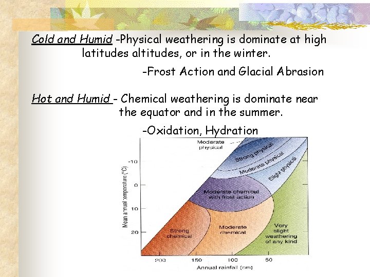 Cold and Humid -Physical weathering is dominate at high latitudes altitudes, or in the