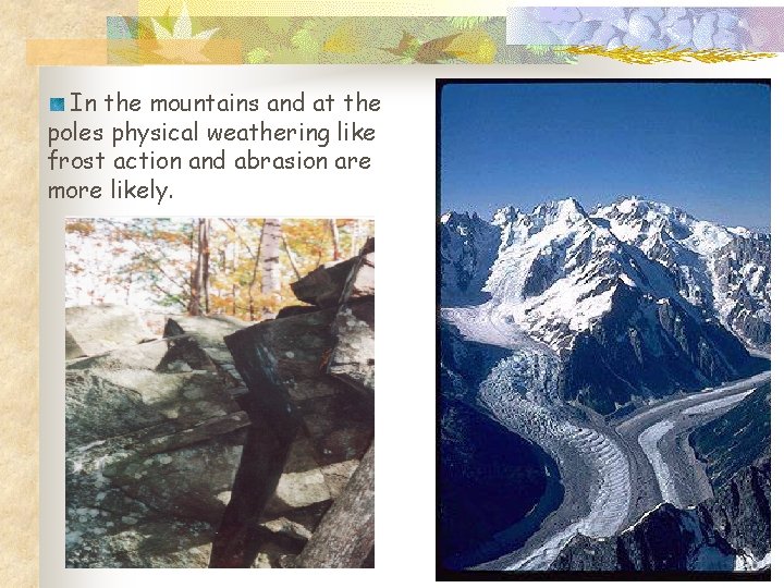 In the mountains and at the poles physical weathering like frost action and abrasion
