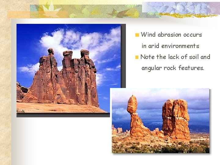 Wind abrasion occurs in arid environments Note the lack of soil and angular rock