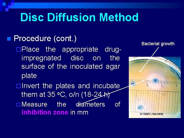 Disc Diffusion Method n Procedure (cont. ) ¨ Place the appropriate drugimpregnated disc on