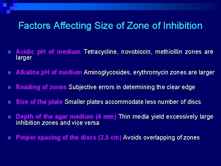 Factors Affecting Size of Zone of Inhibition n Acidic p. H of medium Tetracycline,
