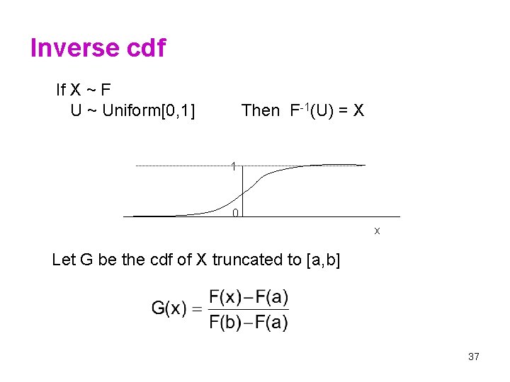 Inverse cdf If X ~ F U ~ Uniform[0, 1] Then F-1(U) = X