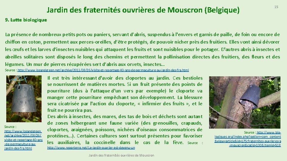 Jardin des fraternités ouvrières de Mouscron (Belgique) 15 9. Lutte biologique La présence de