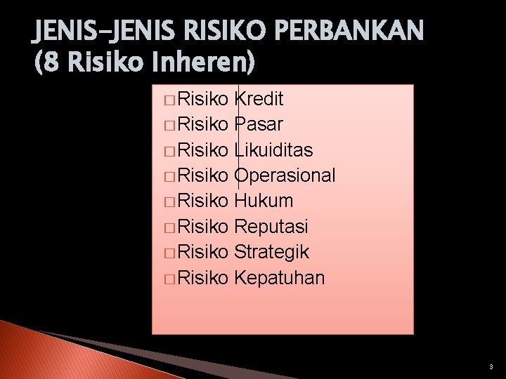 JENIS-JENIS RISIKO PERBANKAN (8 Risiko Inheren) � Risiko Kredit � Risiko Pasar � Risiko