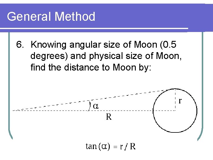 General Method 6. Knowing angular size of Moon (0. 5 degrees) and physical size