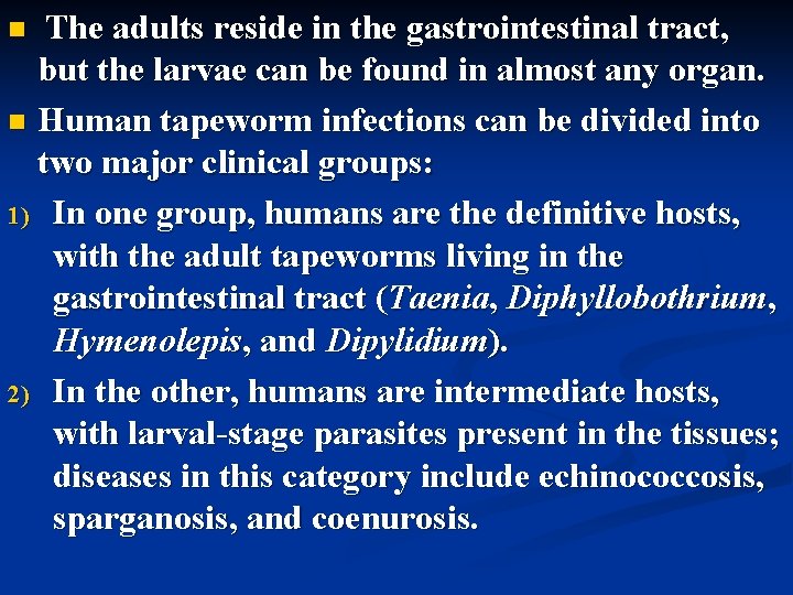 The adults reside in the gastrointestinal tract, but the larvae can be found in