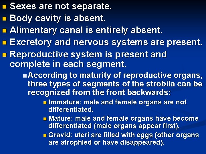 Sexes are not separate. Body cavity is absent. Alimentary canal is entirely absent. Excretory