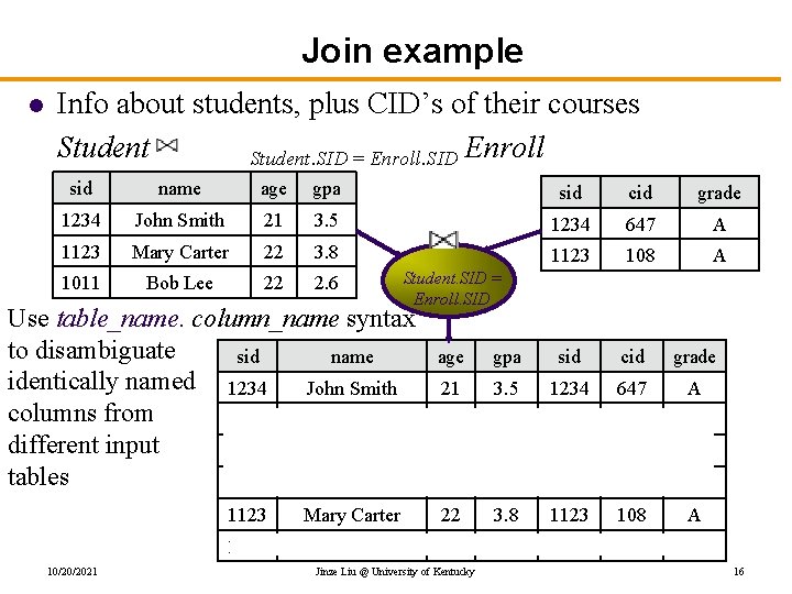 Join example l Info about students, plus CID’s of their courses Student. SID =