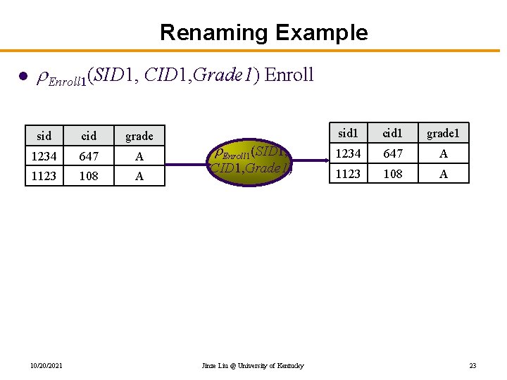 Renaming Example l Enroll 1(SID 1, CID 1, Grade 1) Enroll sid cid grade