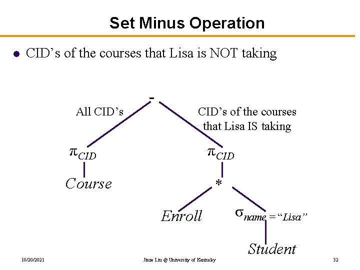 Set Minus Operation l CID’s of the courses that Lisa is NOT taking All