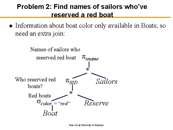 Problem 2: Find names of sailors who’ve reserved a red boat l Information about