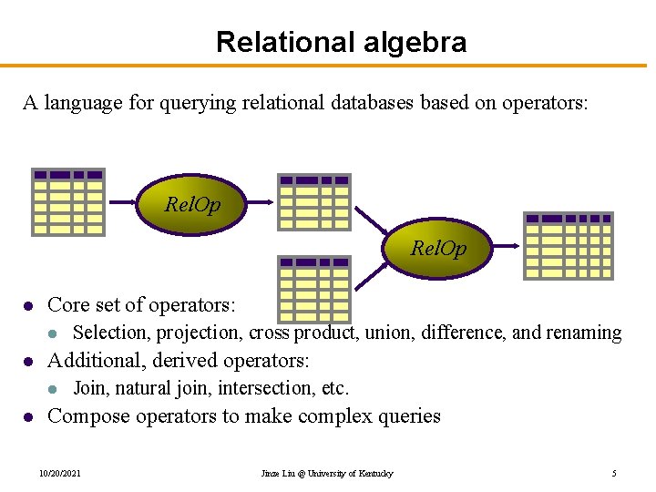 Relational algebra A language for querying relational databases based on operators: Rel. Op l