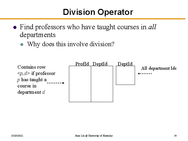 Division Operator l Find professors who have taught courses in all departments l Why