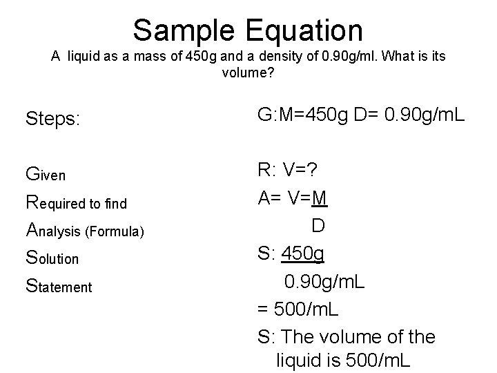 Sample Equation A liquid as a mass of 450 g and a density of