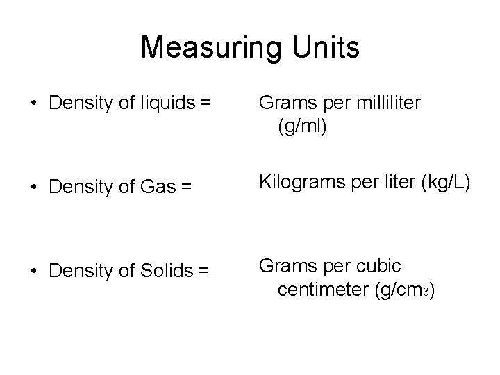 Measuring Units • Density of liquids = Grams per milliliter (g/ml) • Density of