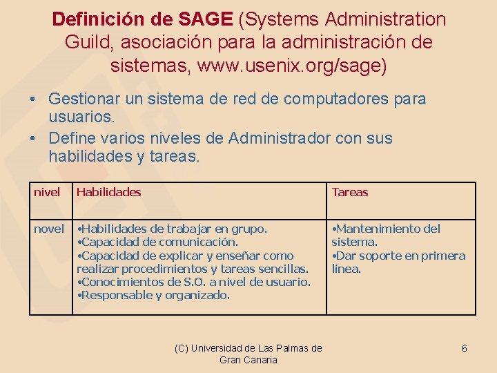 Definición de SAGE (Systems Administration Guild, asociación para la administración de sistemas, www. usenix.