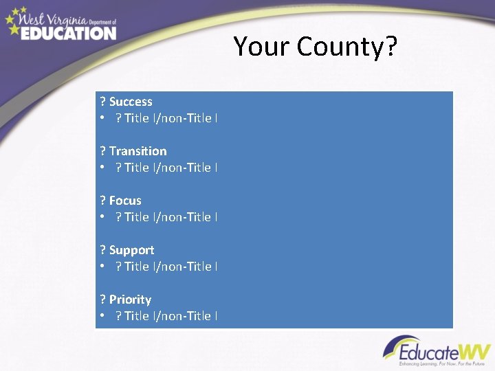 Your County? ? Success • ? Title I/non-Title I ? Transition • ? Title