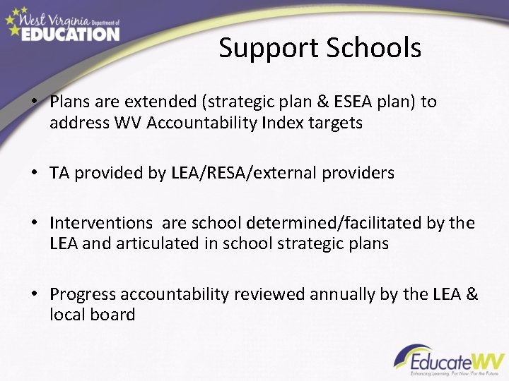 Support Schools • Plans are extended (strategic plan & ESEA plan) to address WV