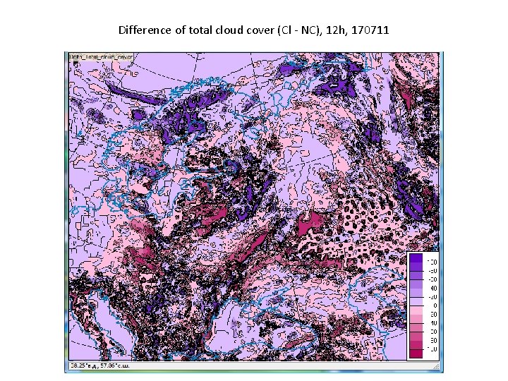 Difference of total cloud cover (Cl - NC), 12 h, 170711 