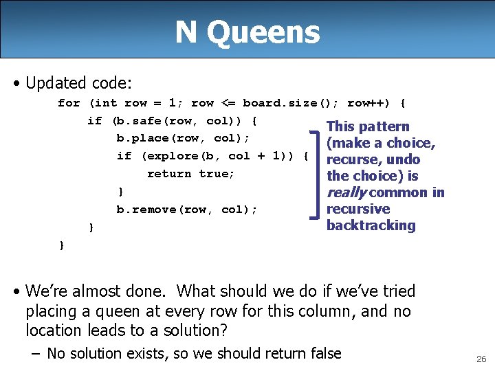 N Queens • Updated code: for (int row = 1; row <= board. size(); N Queens • Updated code: for (int row = 1; row <= board. size();