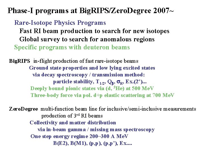 Phase-I programs at Big. RIPS/Zero. Degree 2007~ Rare-Isotope Physics Programs Fast RI beam production