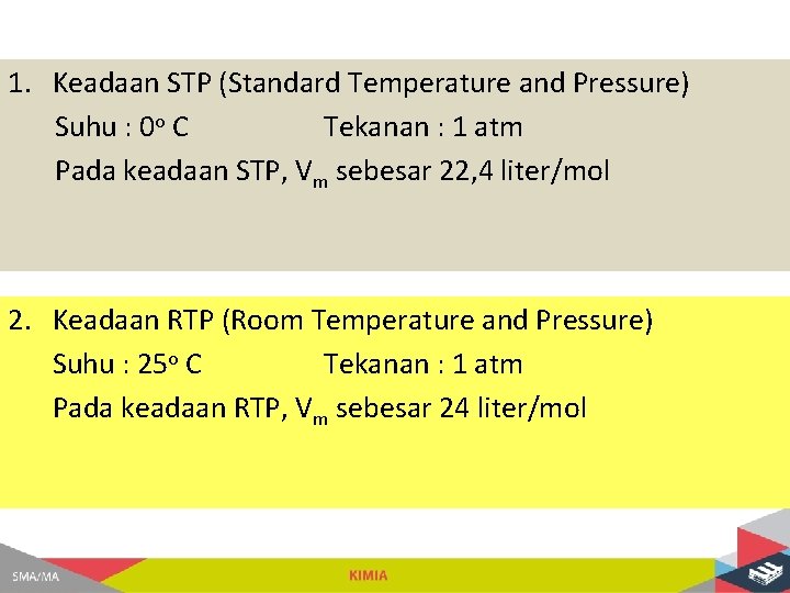 1. Keadaan STP (Standard Temperature and Pressure) Suhu : 0 o C Tekanan :