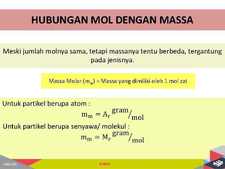 HUBUNGAN MOL DENGAN MASSA Meski jumlah molnya sama, tetapi massanya tentu berbeda, tergantung pada