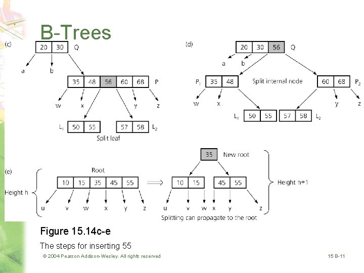 B-Trees Figure 15. 14 c-e The steps for inserting 55 © 2004 Pearson Addison-Wesley.