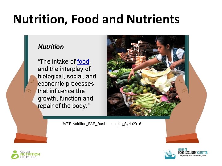 Nutrition, Food and Nutrients Nutrition “The intake of food, and the interplay of biological,