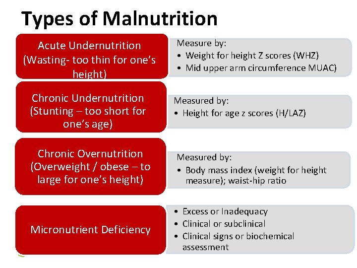 Types of Malnutrition Acute Undernutrition (Wasting- too thin for one’s height) Chronic Undernutrition (Stunting
