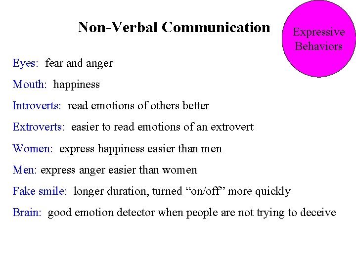 Non-Verbal Communication Expressive Behaviors Eyes: fear and anger Mouth: happiness Introverts: read emotions of Non-Verbal Communication Expressive Behaviors Eyes: fear and anger Mouth: happiness Introverts: read emotions of