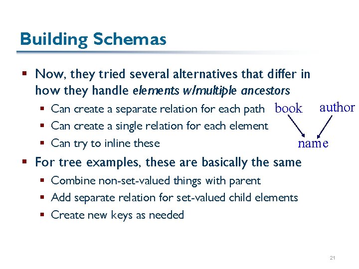 Building Schemas § Now, they tried several alternatives that differ in how they handle