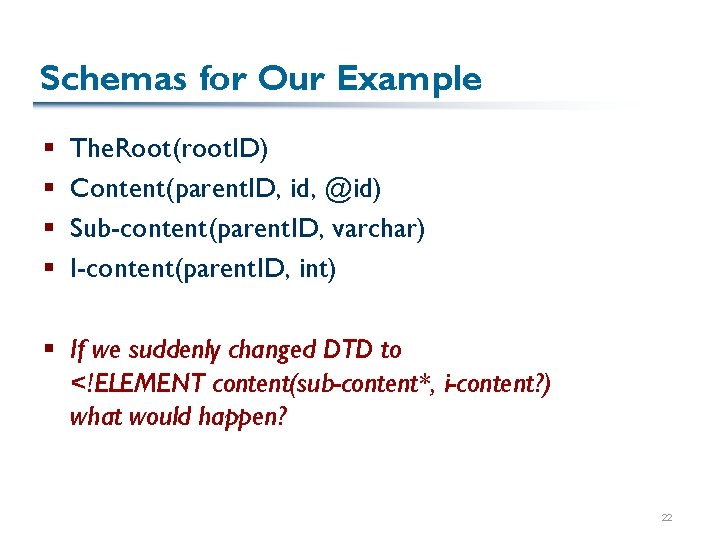 Schemas for Our Example § § The. Root(root. ID) Content(parent. ID, id, @id) Sub-content(parent.