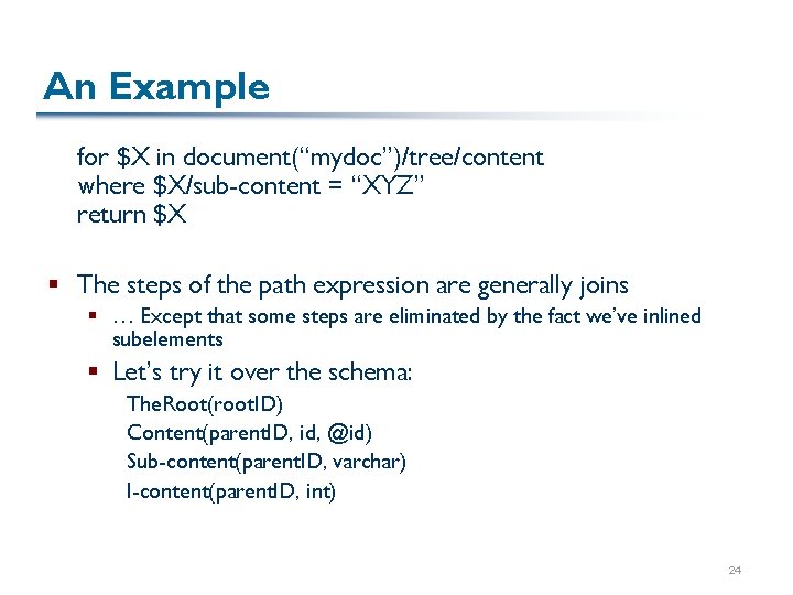 An Example for $X in document(“mydoc”)/tree/content where $X/sub-content = “XYZ” return $X § The