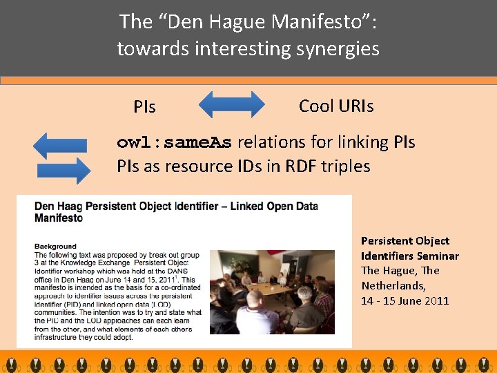 The “Den Hague Manifesto”: towards interesting synergies PIs Cool URIs owl: same. As relations