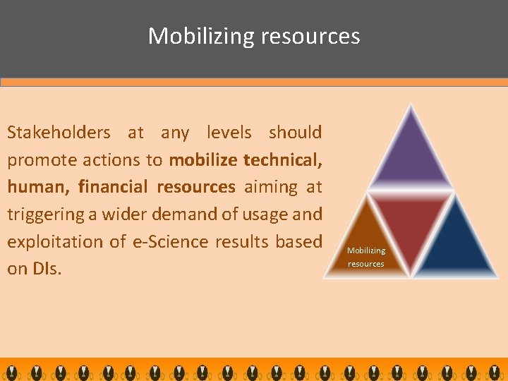 Mobilizing resources Stakeholders at any levels should promote actions to mobilize technical, human, financial