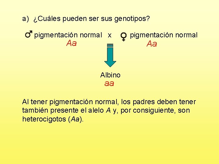 a) ¿Cuáles pueden ser sus genotipos? pigmentación normal x Aa pigmentación normal Aa Albino