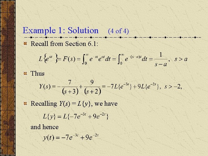 Example 1: Solution (4 of 4) Recall from Section 6. 1: Thus Recalling Y(s)