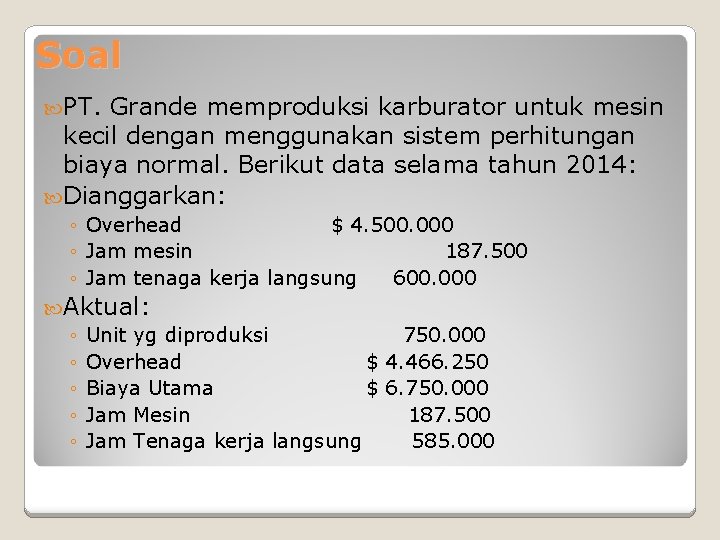 Soal PT. Grande memproduksi karburator untuk mesin kecil dengan menggunakan sistem perhitungan biaya normal.