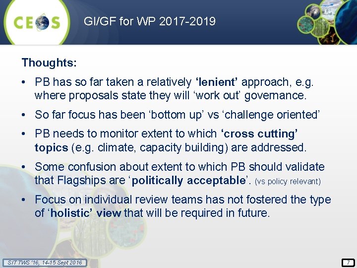 GI/GF for WP 2017 -2019 Thoughts: • PB has so far taken a relatively