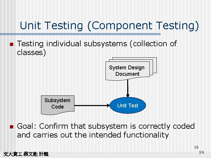 Unit Testing (Component Testing) n Testing individual subsystems (collection of classes) System Design Document
