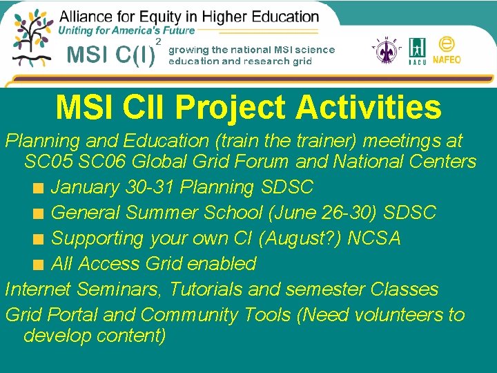 Project Venues MSI CII Project Activities Planning and Education (train the trainer) meetings at